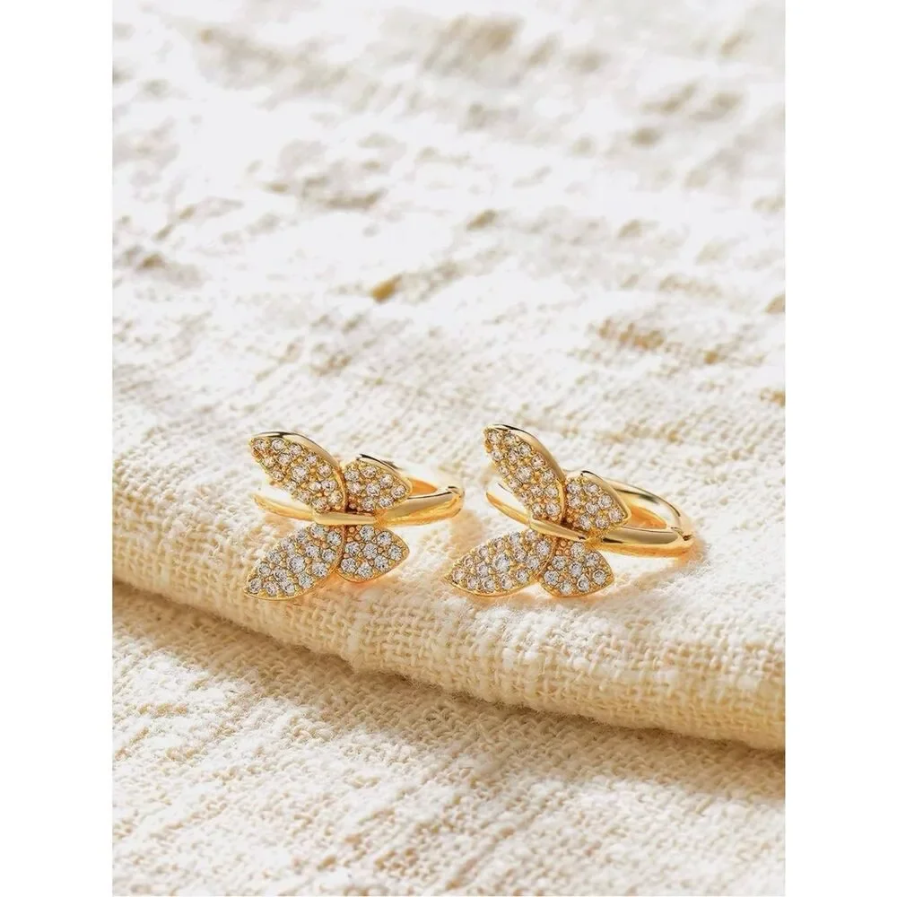 NEW 14k Gold Plated Small Butterfly Cubic Zirconia Huggie Earrings